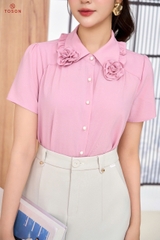 12042P96 - Áo lụa hồng cổ đức cuốn hoa