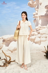 B1229W96 - Bộ linen kem diễu chỉ: Áo tay cộc + Q suông