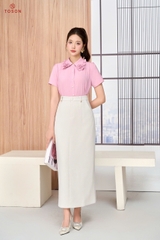 12042P96 - Áo lụa hồng cổ đức cuốn hoa