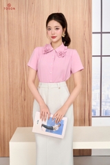 12042P96 - Áo lụa hồng cổ đức cuốn hoa