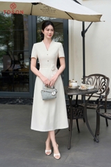 49166E66 - Đầm cổ leo tạo form,thắt eo đính hoa- linen phẩy