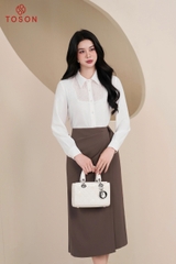 12117W96 - Áo tơ trắng 2 lớp cổ đức đính hoa