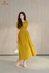 43076V95 - Đầm thô lụa vàng đồng, eo thêu hoa