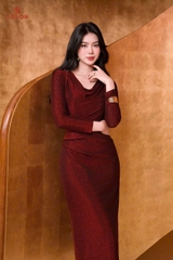 49120D65 - Đầm cổ đổ bling bling đỏ kim tuyến