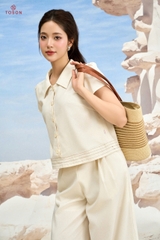 B1229W96 - Bộ linen kem diễu chỉ: Áo tay cộc + Q suông