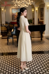 43145E66 - Đầm linen kem cổ đức,eo thắt đai hoa