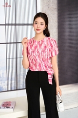 14059P95 - Áo hồng silk kẻ, buộc nơ eo