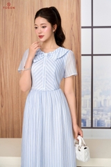 43097X66 - Đầm xòe tơ kẻ xanh,cổ đan chéo