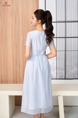 43097X66 - Đầm xòe tơ kẻ xanh,cổ đan chéo