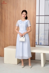 43097X66 - Đầm xòe tơ kẻ xanh,cổ đan chéo