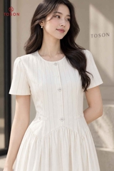 43057E96 - Đầm linen kem kẻ nhỏ cổ tròn