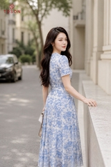 43077H66 - Đầm xòe xếp ly, silk họa tiết xanh
