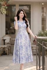 43077H66 - Đầm xòe xếp ly, silk họa tiết xanh