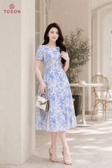 43077H66 - Đầm xòe xếp ly, silk họa tiết xanh