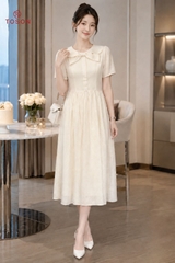 43097 - Đầm xòe đũi chấm, cổ đan chéo