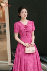 43134P66 - Đầm xòe lụa hồng họa tiết