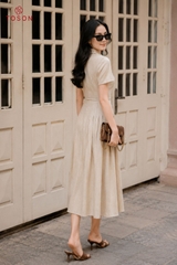 43145 - Đầm linen cổ đức, eo thắt đai hoa