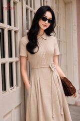 43145 - Đầm linen cổ đức, eo thắt đai hoa