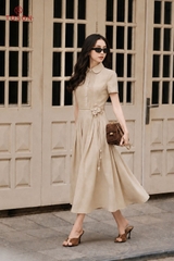 43145 - Đầm linen cổ đức, eo thắt đai hoa