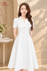 43154W66 - Đầm xoè linen trắng đính hoa (SXTN)