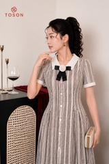43155K96 - Đầm xòe thô kẻ ghi cổ cài nơ hoa