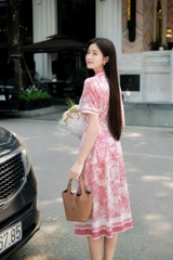 43176 - Đầm xòe lụa kẻ cổ nơ