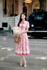 43176 - Đầm xòe lụa kẻ cổ nơ