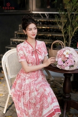43176 - Đầm xòe lụa kẻ cổ nơ