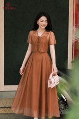 43180 - Đầm xòe tơ nâu mix áo khoác đính hoa thêu