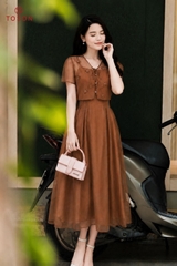 43180 - Đầm xòe tơ nâu mix áo khoác đính hoa thêu