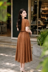 43180 - Đầm xòe tơ nâu mix áo khoác đính hoa thêu