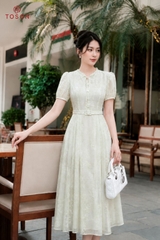 43187X96 - Đầm tơ xoè tơ xanh cốm thêu hoạ tiết