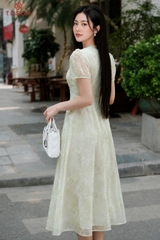 43187X96 - Đầm tơ xoè tơ xanh cốm thêu hoạ tiết