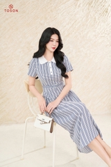 43189K96 - Đầm kẻ xanh thanh xòe phối cổ thắt đai eo