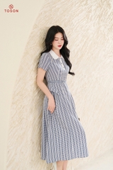 43189K96 - Đầm kẻ xanh thanh xòe phối cổ thắt đai eo