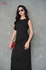 40093B65 - Đầm suông linen đen đính hoa trang trí