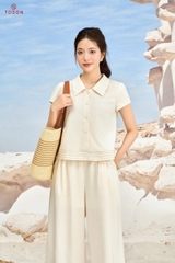 B1229W96 - Bộ linen kem diễu chỉ: Áo tay cộc + Q suông