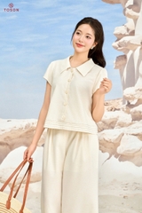 B1229W96 - Bộ linen kem diễu chỉ: Áo tay cộc + Q suông
