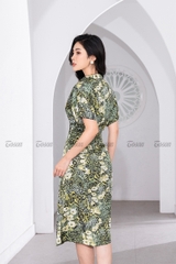 44092X62 - Đầm lụa xanh da bò, dáng dài, tà lệch - Limitted