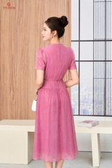 44168 - Đầm xòe tơ, eo thắt dây đính hoa