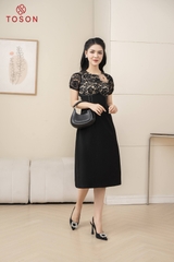 46218B93 - Đầm ren đen đính hoa, dáng suông A.