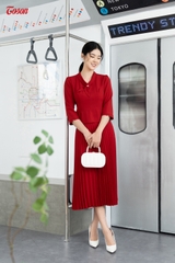 B1342D83 - Bộ dập ly đỏ: áo ký giả peplump + Chân váy dập ly..