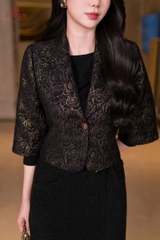 82053B05 - Áo khoác ngắn gấm đen lông thêu hoa vàng