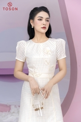 46199E83 - Đầm oganza kẻ ô, đính hoa,.