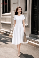 49157K96 - Đầm xòe cổ V, linen be kem kẻ Limitted