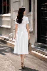 49157K96 - Đầm xòe cổ V, linen be kem kẻ Limitted