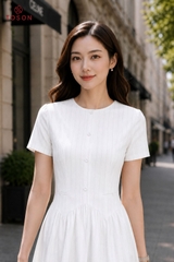 49157K96 - Đầm xòe cổ V, linen be kem kẻ Limitted