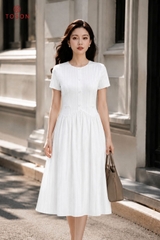 49157K96 - Đầm xòe cổ V, linen be kem kẻ Limitted