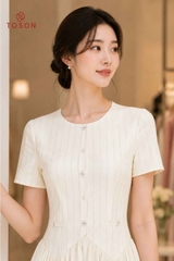 49157K96 - Đầm xòe cổ V, linen be kem kẻ Limitted