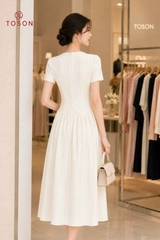 49157K96 - Đầm xòe cổ V, linen be kem kẻ Limitted